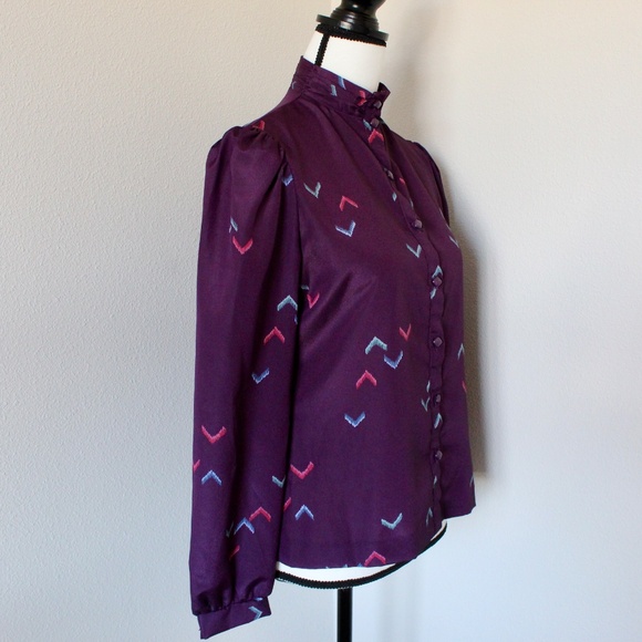 Vintage Deep Purple High-Neckline Puff Sleeve Button Down Shirt - Picture 3 of 8